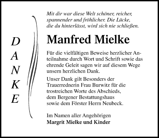 Traueranzeige von Manfred Mielke von Ostsee-Zeitung GmbH