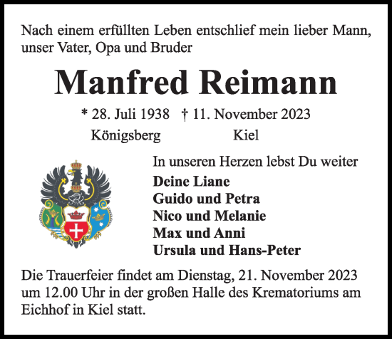 Traueranzeige von Manfred Reimann von Kieler Nachrichten