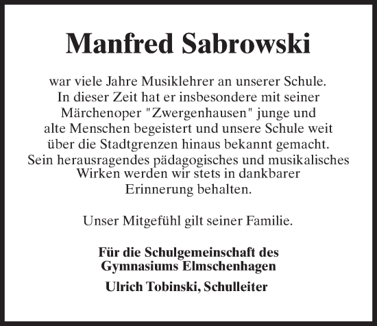 Traueranzeige von Manfred Sabrowski von Kieler Nachrichten