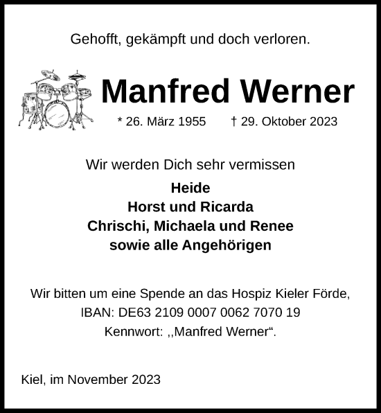 Traueranzeige von Manfred Werner von Kieler Nachrichten