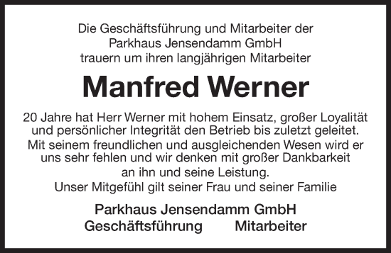 Traueranzeige von Manfred Werner von Kieler Nachrichten