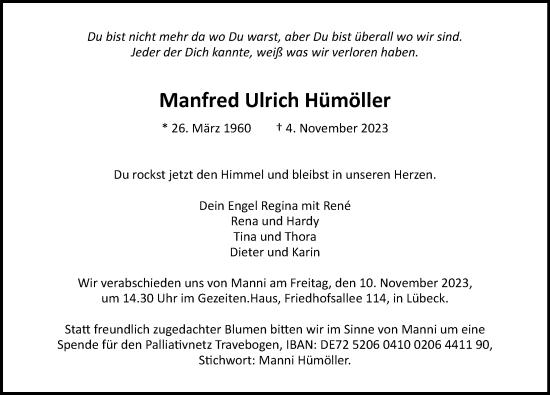 Traueranzeige von Manfred Ulrich Hümöller von Lübecker Nachrichten