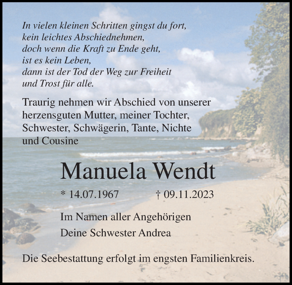  Traueranzeige für Manuela Wendt vom 18.11.2023 aus Ostsee-Zeitung GmbH