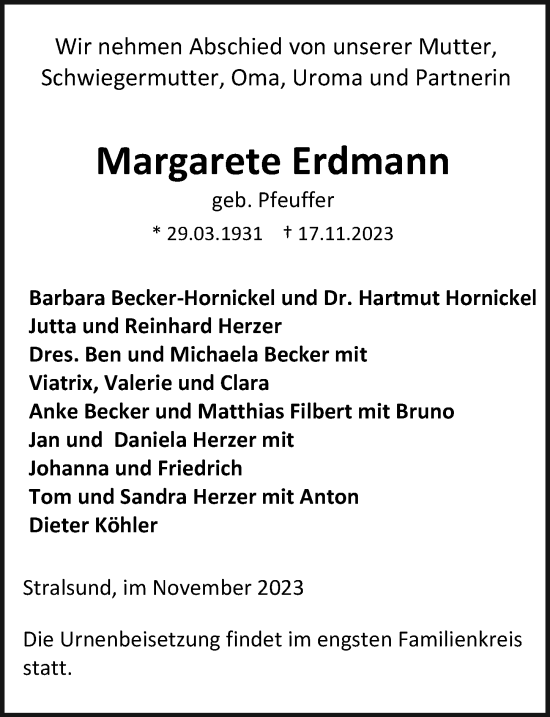 Traueranzeige von Margarete Erdmann von Ostsee-Zeitung GmbH