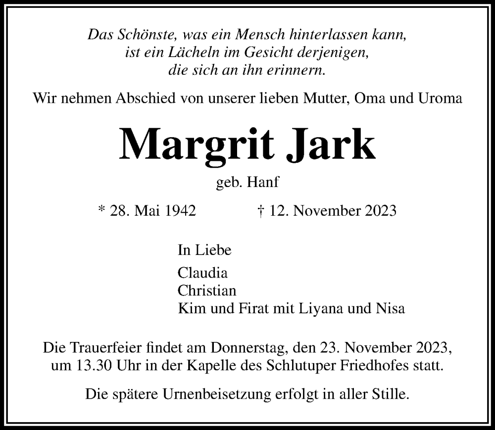  Traueranzeige für Margrit Jark vom 19.11.2023 aus Lübecker Nachrichten