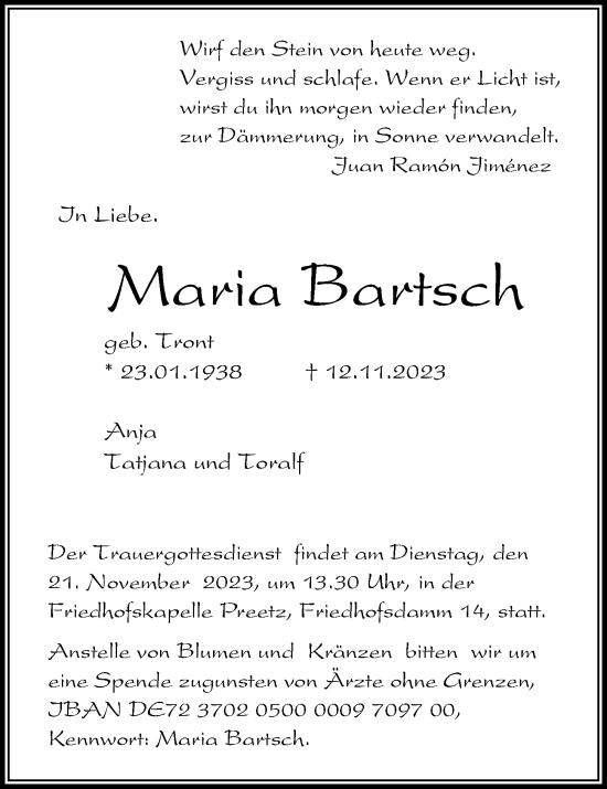 Traueranzeige von Maria Bartsch von Kieler Nachrichten