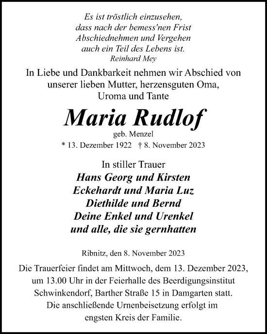 Traueranzeige von Maria Rudlof von Ostsee-Zeitung GmbH