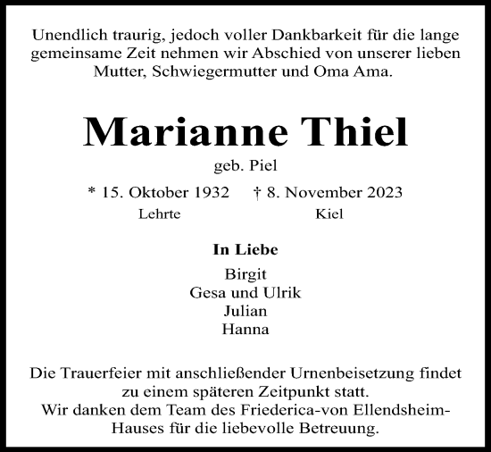 Traueranzeige von Marianne Thiel von Kieler Nachrichten