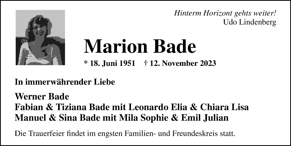 Traueranzeige für Marion Bade vom 26.11.2023 aus Lübecker Nachrichten