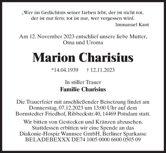 Traueranzeige von Marion Charisius von Märkischen Allgemeine Zeitung