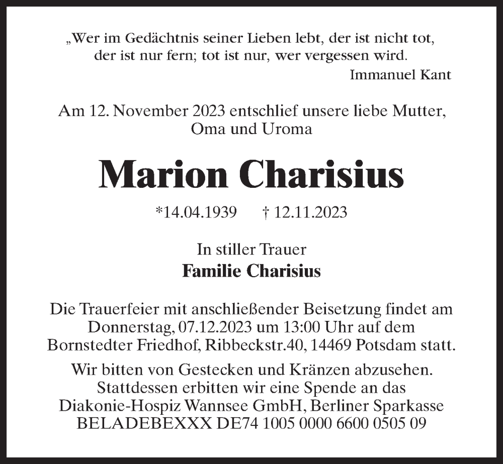  Traueranzeige für Marion Charisius vom 25.11.2023 aus Märkischen Allgemeine Zeitung