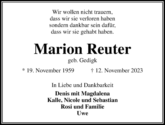 Traueranzeige von Marion Reuter von Lübecker Nachrichten