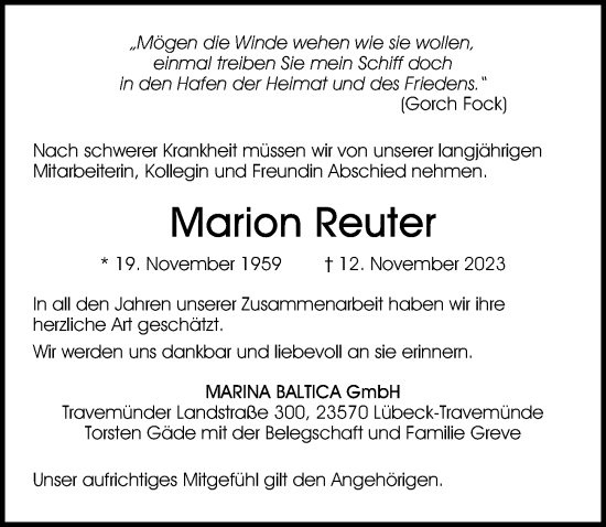 Traueranzeige von Marion Reuter von Lübecker Nachrichten