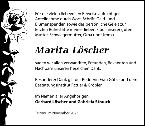 Traueranzeige von Marita Löscher von Märkischen Allgemeine Zeitung