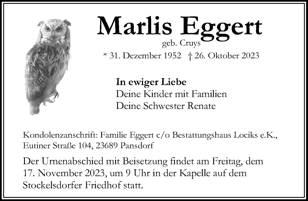  Traueranzeige für Marlis Eggert vom 12.11.2023 aus Lübecker Nachrichten