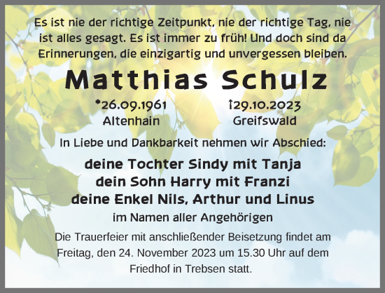 Traueranzeige von Matthias Schulz von Leipziger Volkszeitung