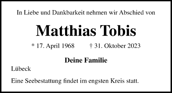 Traueranzeige von Matthias Tobis von Lübecker Nachrichten