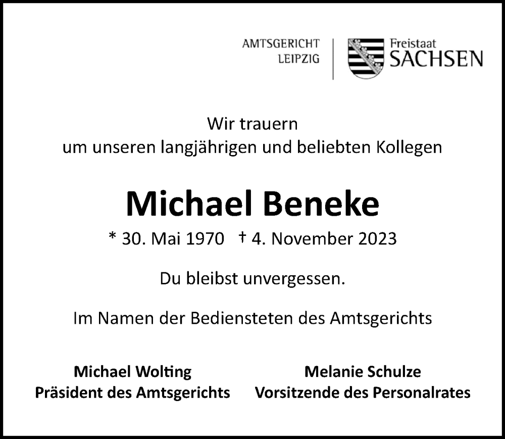  Traueranzeige für Michael Beneke vom 25.11.2023 aus Leipziger Volkszeitung