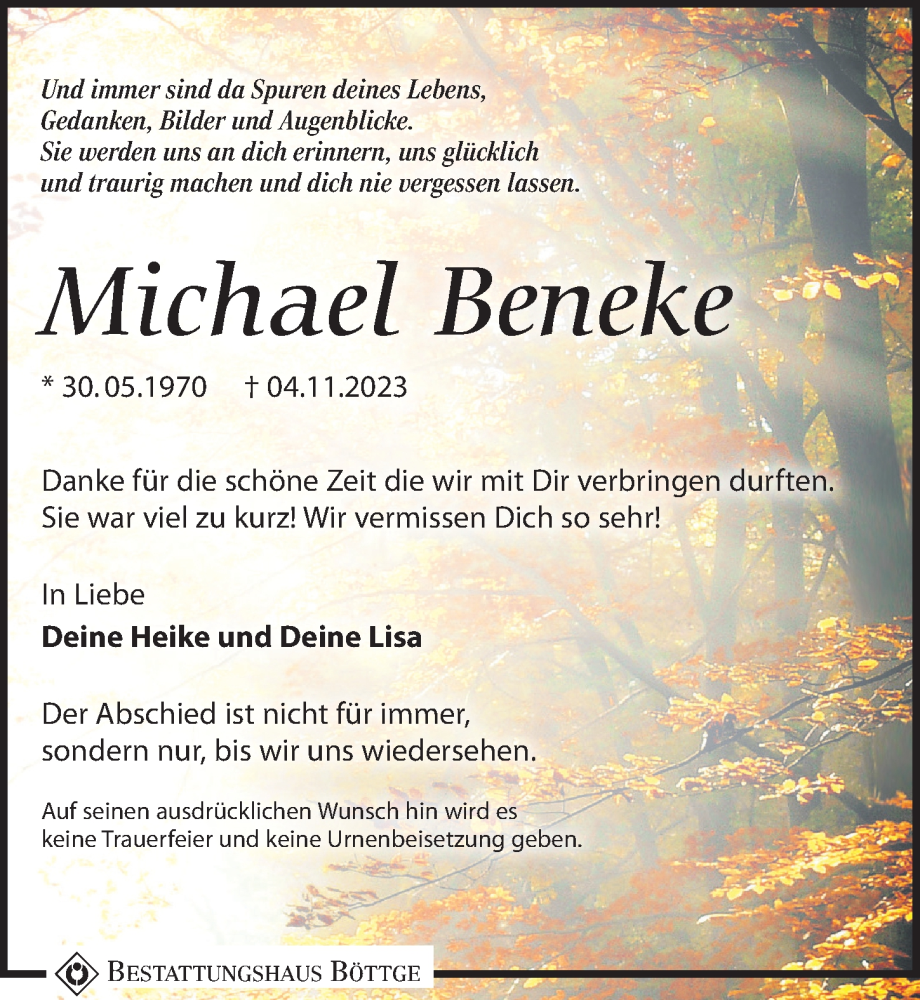  Traueranzeige für Michael Beneke vom 18.11.2023 aus Leipziger Volkszeitung