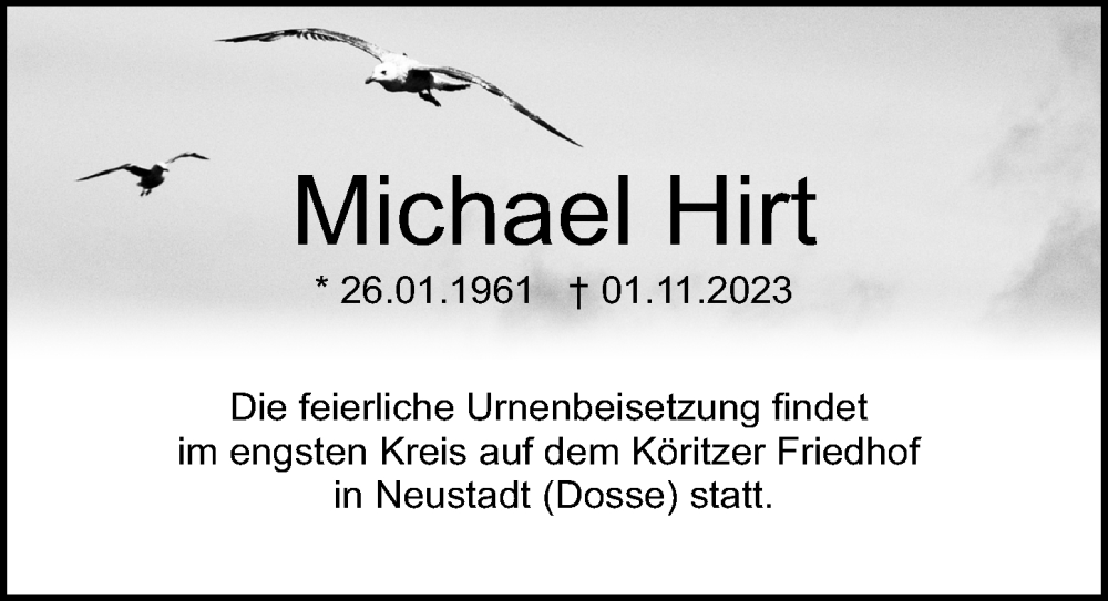  Traueranzeige für Michael Hirt vom 11.11.2023 aus Märkischen Allgemeine Zeitung