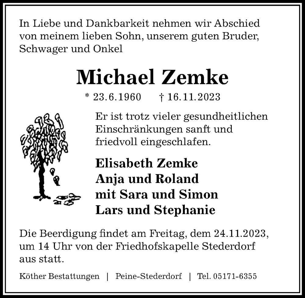  Traueranzeige für Michael Zemke vom 21.11.2023 aus Peiner Allgemeine Zeitung
