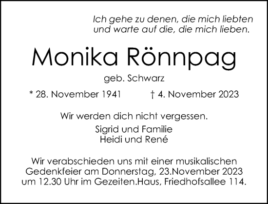 Traueranzeige von Monika Rönnpag von Lübecker Nachrichten