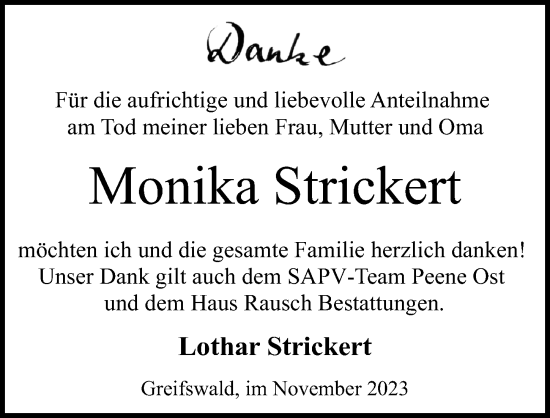 Traueranzeige von Monika Strickert von Ostsee-Zeitung GmbH