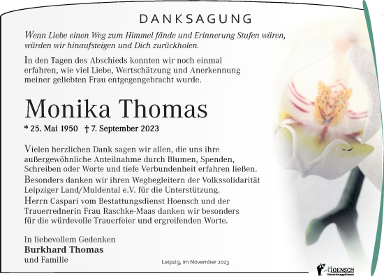 Traueranzeige von Monika Thomas von Leipziger Volkszeitung