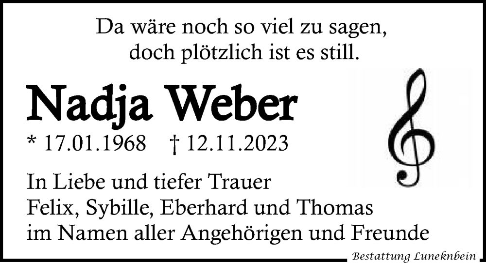  Traueranzeige für Nadja Weber vom 25.11.2023 aus Leipziger Volkszeitung