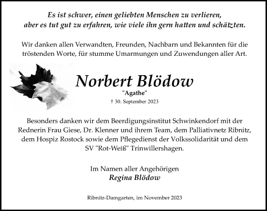 Traueranzeige von Norbert Blödow von Ostsee-Zeitung GmbH