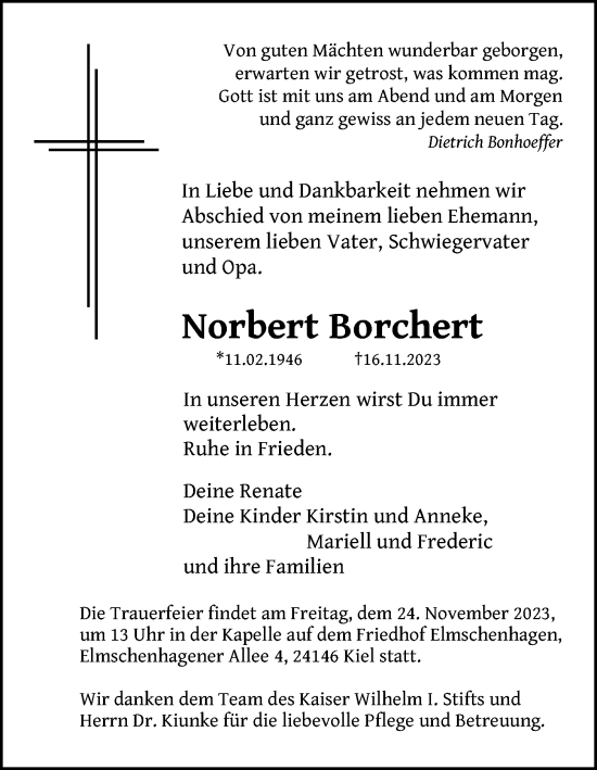 Traueranzeige von Norbert Borchert von Kieler Nachrichten