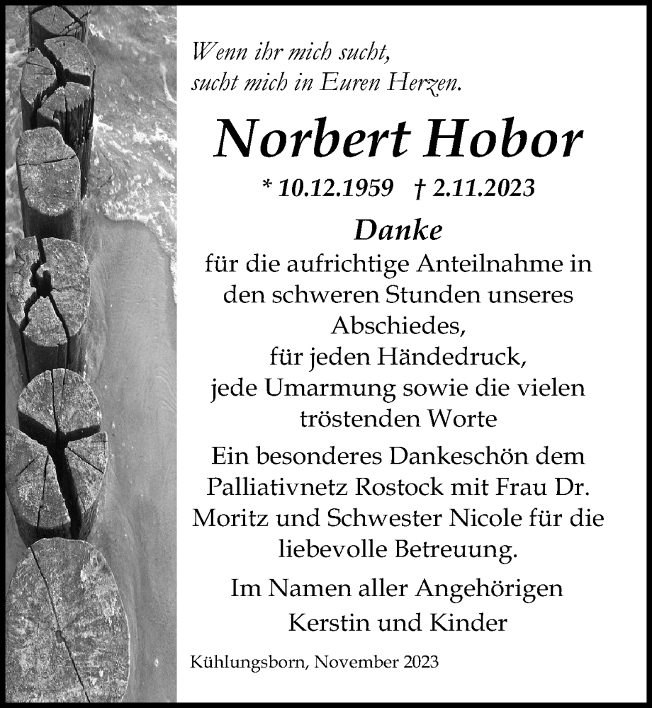  Traueranzeige für Norbert Hobor vom 18.11.2023 aus Ostsee-Zeitung GmbH