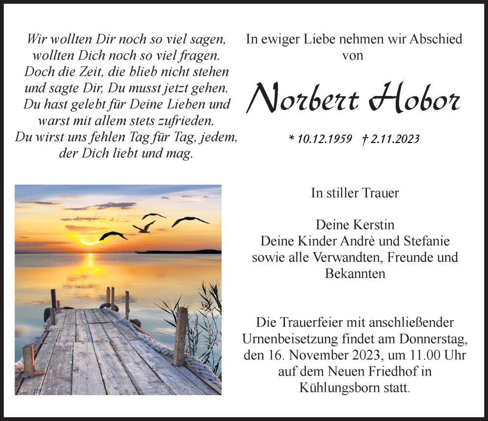  Traueranzeige für Norbert Hobor vom 11.11.2023 aus Ostsee-Zeitung GmbH