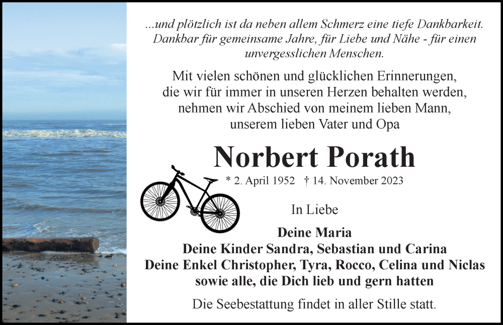  Traueranzeige für Norbert Porath vom 18.11.2023 aus Ostsee-Zeitung GmbH