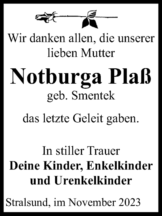 Traueranzeige von Notburga Plaß von Ostsee-Zeitung GmbH