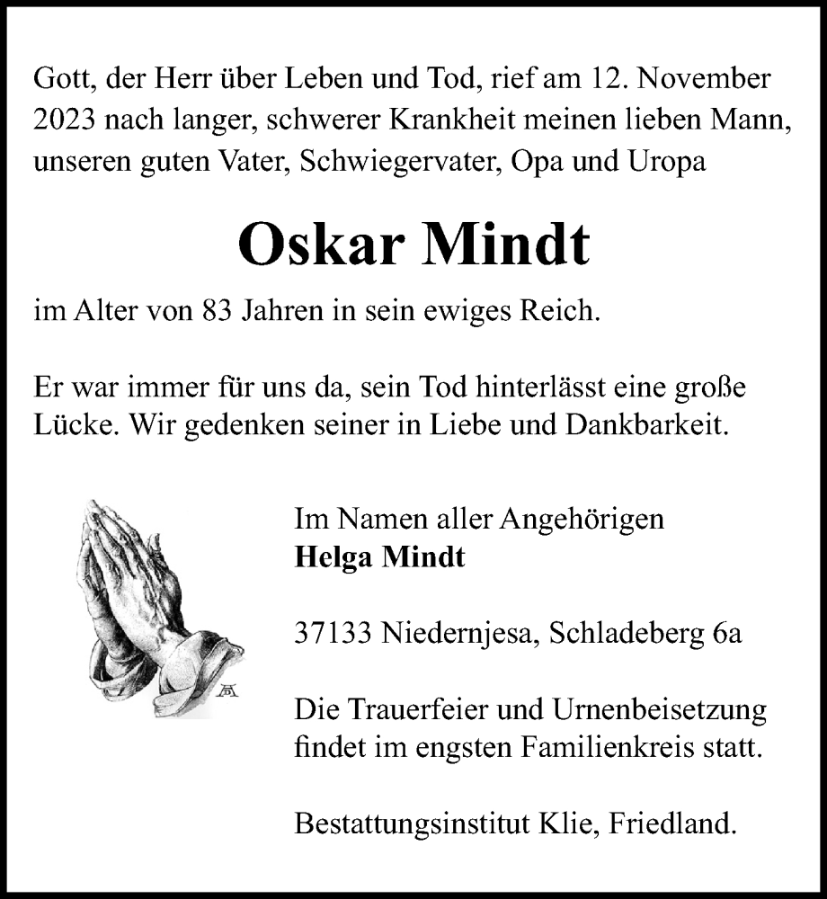  Traueranzeige für Oskar Mindt vom 18.11.2023 aus Göttinger Tageblatt