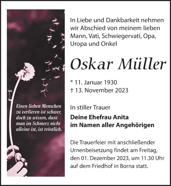 Traueranzeige von Oskar Müller von Leipziger Volkszeitung