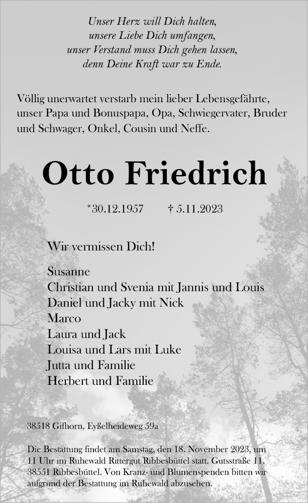  Traueranzeige für Otto Friedrich vom 11.11.2023 aus Aller Zeitung