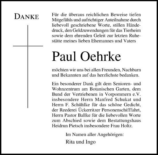 Traueranzeige von Paul Oehrke von Ostsee-Zeitung GmbH