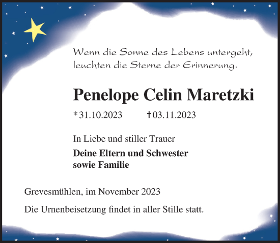 Traueranzeige von Penelope Celin Maretzki von Ostsee-Zeitung GmbH