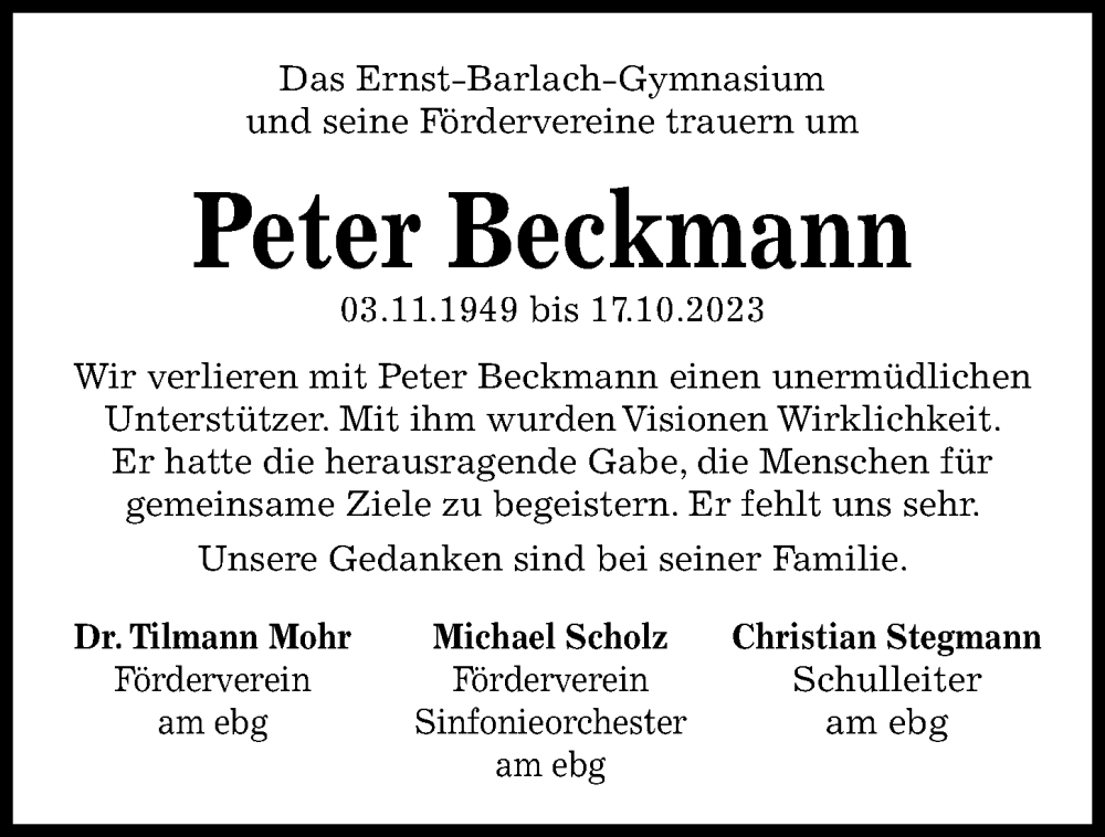  Traueranzeige für Peter Beckmann vom 04.11.2023 aus Kieler Nachrichten