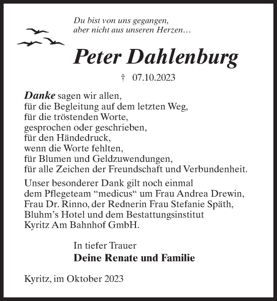 Traueranzeige von Peter Dahlenburg von Märkischen Allgemeine Zeitung