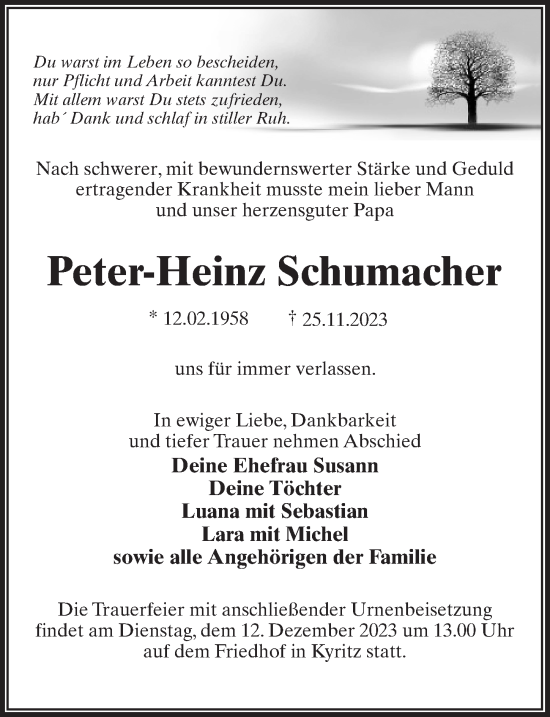 Traueranzeige von Peter-Heinz Schumacher von Märkischen Allgemeine Zeitung