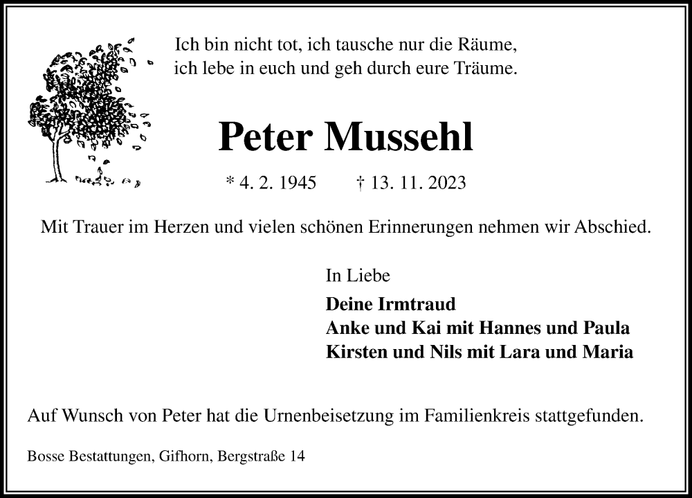 Traueranzeige für Peter Mussehl vom 28.11.2023 aus Aller Zeitung