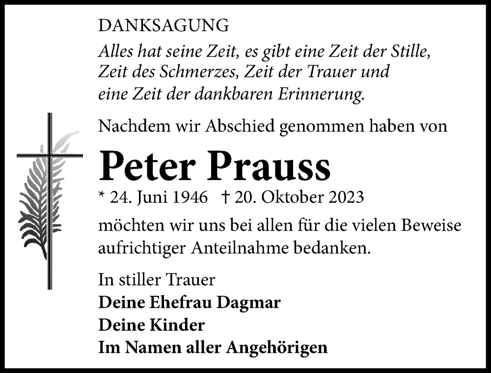  Traueranzeige für Peter Prauss vom 11.11.2023 aus Leipziger Volkszeitung