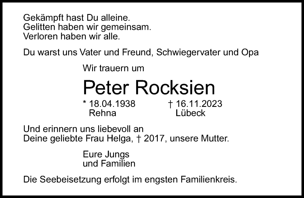  Traueranzeige für Peter Rocksien vom 26.11.2023 aus Lübecker Nachrichten