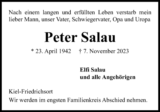 Traueranzeige von Peter Salau von Kieler Nachrichten