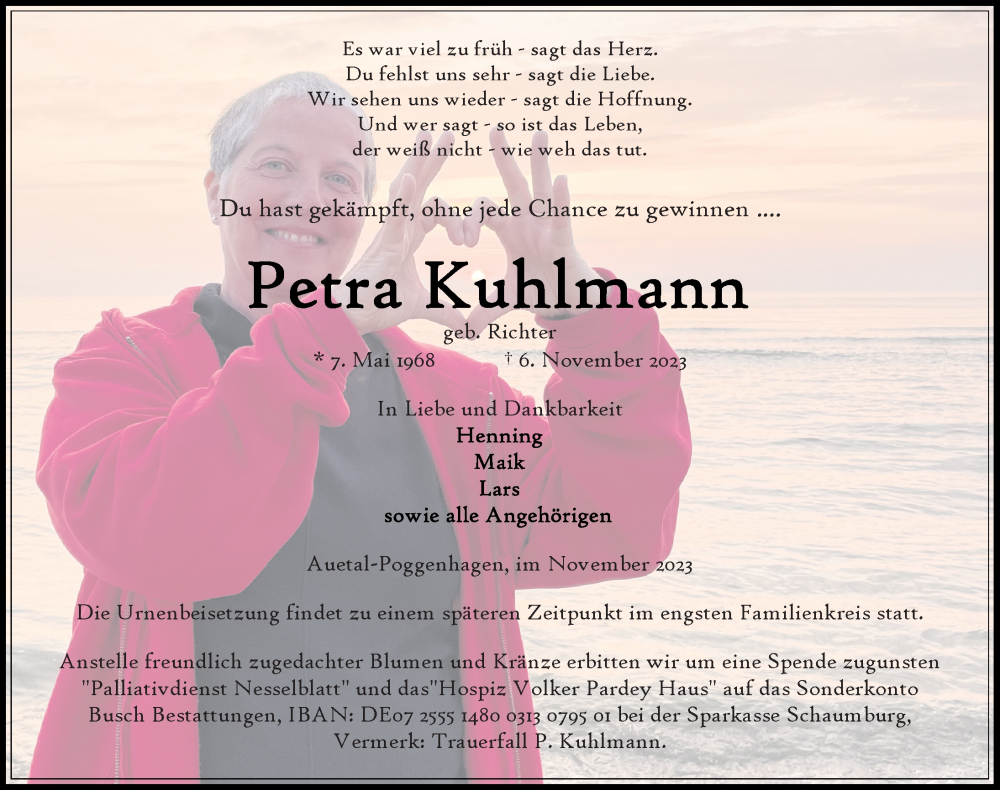  Traueranzeige für Petra Kuhlmann vom 18.11.2023 aus Schaumburger Nachrichten