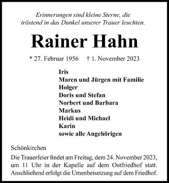 Traueranzeige von Rainer Hahn von Kieler Nachrichten