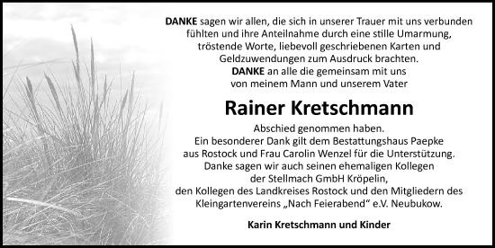 Traueranzeige von Rainer Kretschmann von Ostsee-Zeitung GmbH